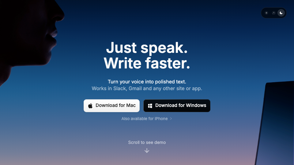 Superwhisper homepage top-viewport capture.