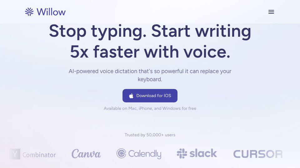 Willow Voice homepage hero section highlighting cross-device workflow and team messaging.