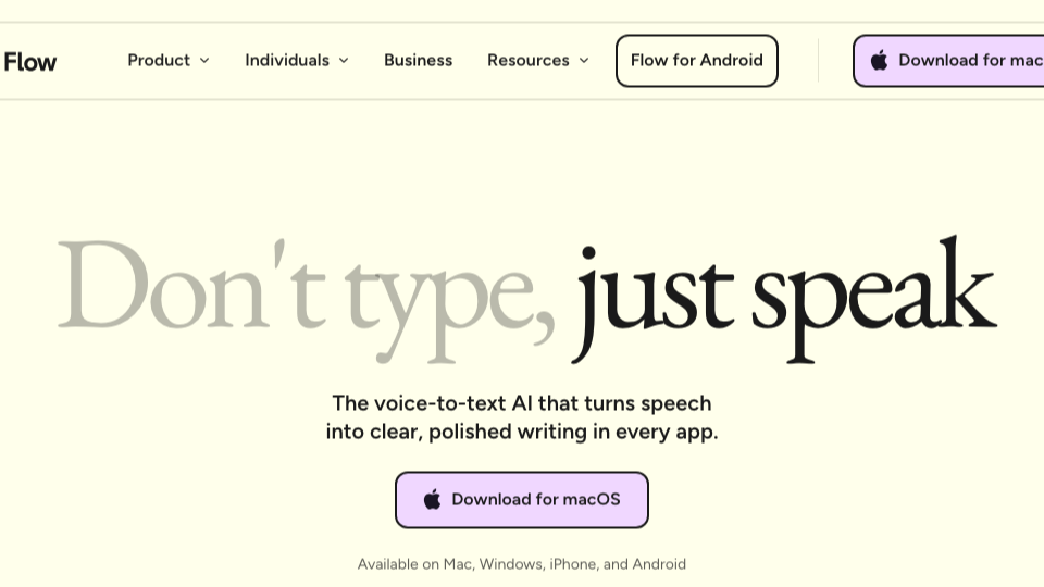 Wispr Flow homepage hero section highlighting multi-platform rollout and enterprise framing.