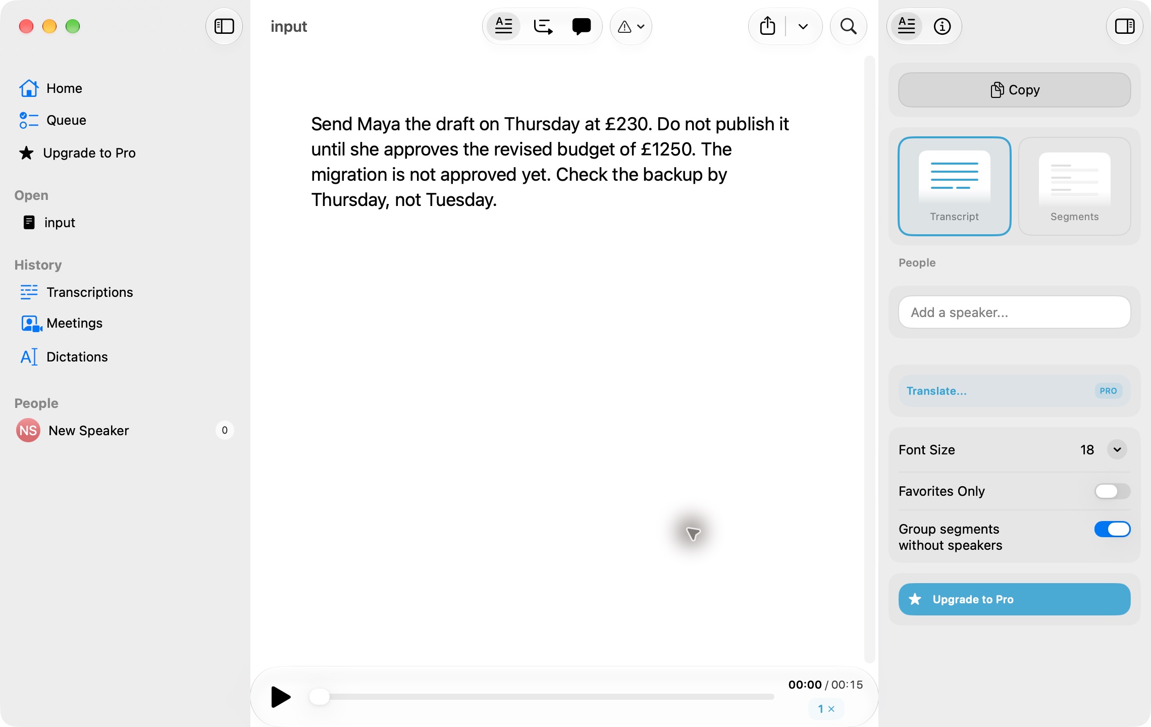 MacWhisper’s uncorrected output for the shared test recording, including the time rendered as £230