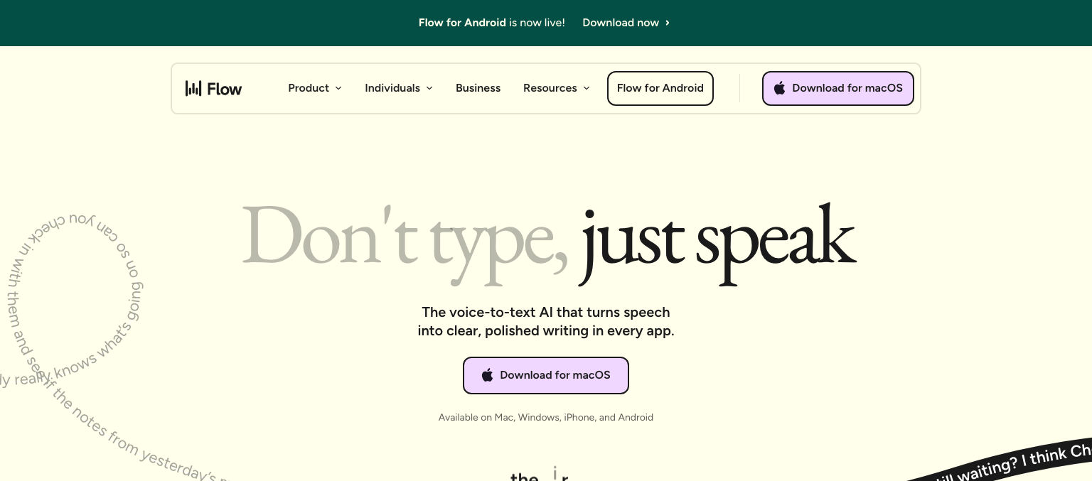 Wispr Flow landing page emphasizing cross-platform rollout and team-oriented dictation positioning.